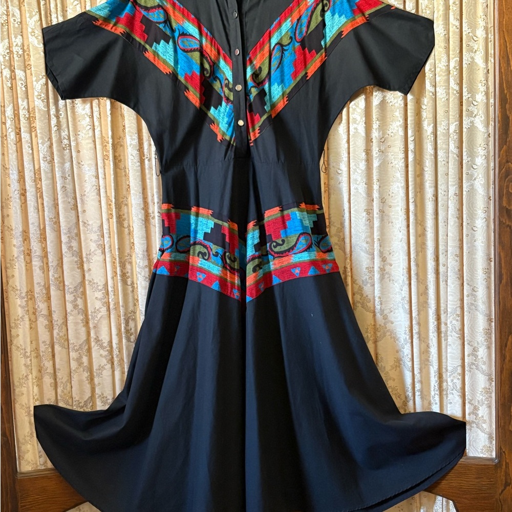 Lilia Smitty Vintage Cotton Black Western Midi Dress with Vibrant Patterns L